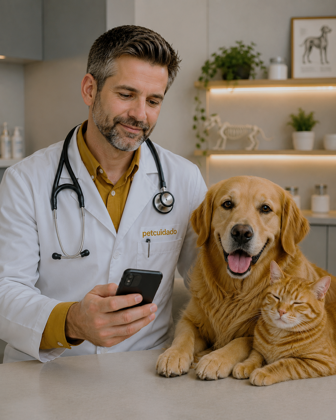 Veterinário cuidadoso com cachorro golden retriever e gato laranja